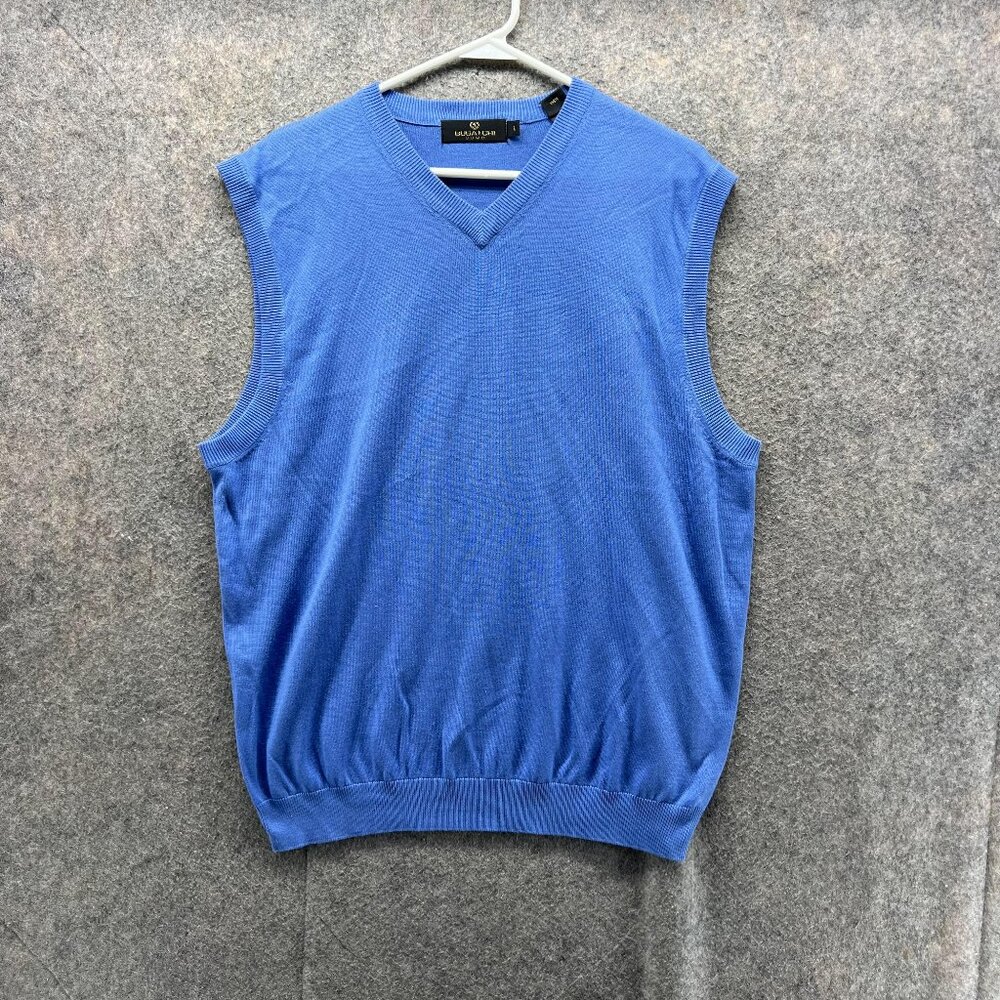 Bugatchi Sweater Men Large Blue V Neck Pullover Fleece Silk Cotton Sleeveless